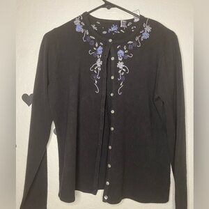 Amanda Smith Embroidered Floral Beaded Cardigan – Black – Size M – Y2K